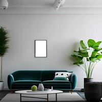 vivo quarto interior brincar, mobília e decorativo na moda flor e plantas, branco sofá e cadeirão, natural elementos e minimalismo 3d render . ai generativo foto