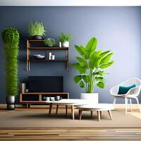 vivo quarto interior brincar, mobília e decorativo na moda flor e plantas, branco sofá e cadeirão, natural elementos e minimalismo 3d render . ai generativo foto