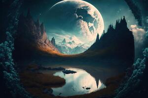 a rio com a lua. bizarro panorama conceptual visual arte natural fantasia arte de ai gerado foto