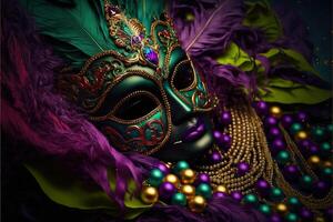 veneziano carnaval mascarar e miçangas decoração fundo de ai gerado foto