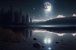lua luz às lago brilhando lua às noite madeiras estrelas brilhando de ai gerado foto