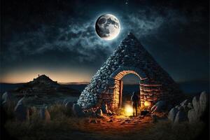 sardenha nuraghe iluminado de a lua com uma fogo e uma fenício xamã dentro de ai gerado foto