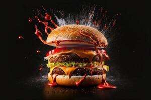 Hamburger com espirrando ketchup isolado fundo de ai gerado foto