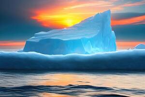 iceberg dentro a oceano nascer do sol ou pôr do sol de ai gerado foto