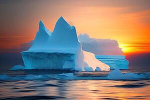 iceberg dentro a oceano nascer do sol ou pôr do sol de ai gerado foto