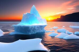 iceberg dentro a oceano nascer do sol ou pôr do sol de ai gerado foto