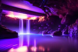 maciço spa dentro uma molhado caverna cascata roxa iluminação de ai gerado foto