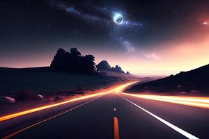uma estrada debaixo uma noite céu preenchidas com estrelas uma fosco pintura de ai gerado foto