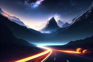 uma estrada debaixo uma noite céu preenchidas com estrelas uma fosco pintura de ai gerado foto