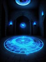 uma brilhando Magia círculo é desenhado em a chão de ai gerado foto