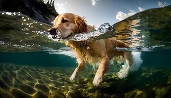 quando cachorro nada dentro de praia com Claro água, criada usando generativo ai tecnologia foto