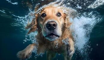 quando cachorro nada dentro de praia com Claro água, criada usando generativo ai tecnologia foto