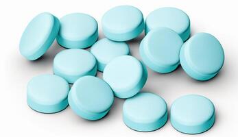 espalhados azul pílulas em branco plano de fundo, generativo ai foto
