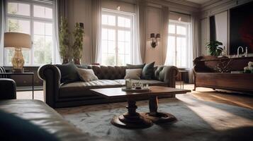 moderno vivo quarto interior Projeto com clássico mobília, ai gerado obra de arte foto