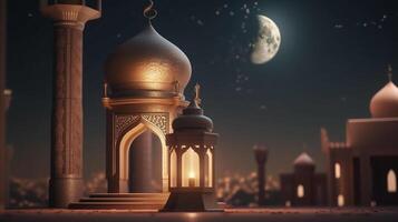 Ramadã kareem cumprimento cartão. árabe lanternas, lua e mesquita às noite. ai gerado obra de arte foto