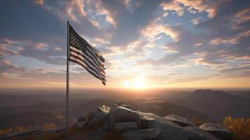 Unidos estados do América bandeira acenando dentro a vento às pôr do sol ai gerado obra de arte foto