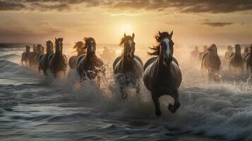 rebanho do cavalos galopando dentro a mar às pôr do sol dentro verão ai gerado obra de arte foto