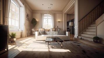 moderno vivo quarto interior Projeto com clássico mobília, ai gerado obra de arte foto