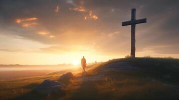 silhueta do uma homem em pé em uma montanha com uma Cruz. ai gerado obra de arte foto