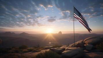 Unidos estados do América bandeira acenando dentro a vento às pôr do sol ai gerado obra de arte foto