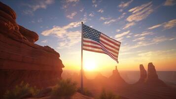 Unidos estados do América bandeira acenando dentro a vento às pôr do sol ai gerado obra de arte foto