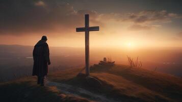silhueta do uma homem em pé em uma montanha com uma Cruz. ai gerado obra de arte foto