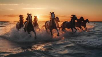rebanho do cavalos galopando dentro a mar às pôr do sol dentro verão ai gerado obra de arte foto