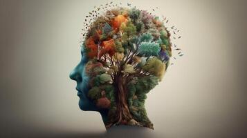 conceptual imagem do uma humano cabeça com colorida cérebro e outono folhas. mental saúde conceito ai gerado obra de arte foto