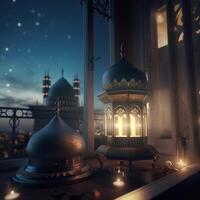 Ramadã kareem cumprimento cartão. árabe lanternas, lua e mesquita às noite. ai gerado obra de arte foto