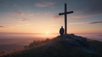 silhueta do uma homem em pé em uma montanha com uma Cruz. ai gerado obra de arte foto