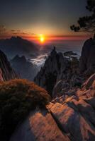 Assistir a nascer do sol às a cabeça do montanha. generativo ai. foto