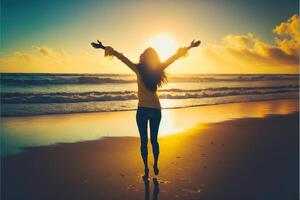 feliz mulher com braços acima apreciar liberdade às a de praia. generativo ai foto