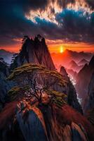 Huangshan nascer do sol. a nuvens em a topo do a montanha. generativo ai. foto