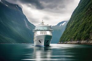 ampla cruzeiro navio dentro fiordes. turismo período de férias e verão viajando. generativo ai foto