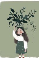 minimalista ilustração do menina criança e plantar. generativo ai. foto