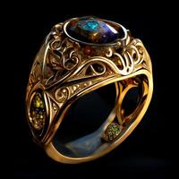 mágico fantasia dourado anel com roxa diamante. generativo ai foto