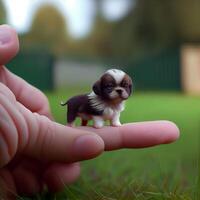 isto é uma fofa mini cachorro a Tamanho do uma polegar com uma embaçado. generativo ai foto
