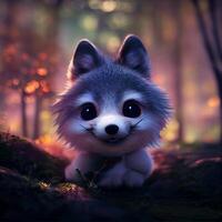 fofa bebê Lobo dentro uma mágico floresta pixar estilo grande detalhe. generativo ai. foto