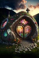 lindo hobbit casa com coração em forma colori. generativo ai. foto