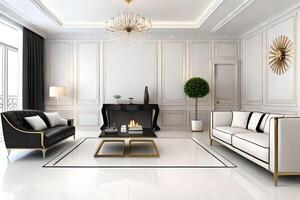 luxo clássico vivo quarto com mármore chão e dourado mobília ai gerado foto