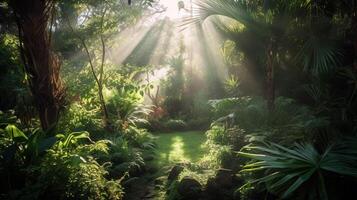 lindo tropical jardim com raios solares brilhando através a árvores ai gerado foto