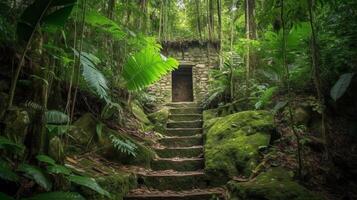 velho pedra escadas dentro a floresta tropical do bali ilha, Indonésia ai gerado foto