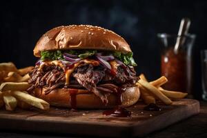 delicioso Hamburger com ketchup e francês fritas em de madeira mesa ai gerado foto