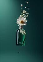 garrafa do perfume com flor em verde fundo, levitação conceito ai gerado foto