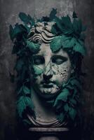 vintage gótico estátua com verde folhas em grunge fundo ai gerado foto