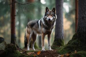 uma Lobo dentro uma norte europeu floresta criada com generativo ai tecnologia foto