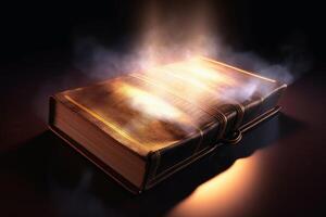 uma brilhando piedosos Bíblia com uma brilhando aréola criada com generativo ai tecnologia. foto