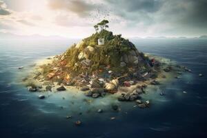a ilha do plástico desperdício flutuando dentro a oceano criada com generativo ai tecnologia. foto