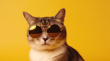 engraçado estúdio tiro do legal gato vestindo oculos de sol em amarelo fundo com cópia de espaço. generativo ai. foto