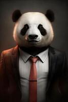 ai gerado. fechar-se retrato do fofa panda dentro Preto terno branco camiseta e vermelho gravata foto